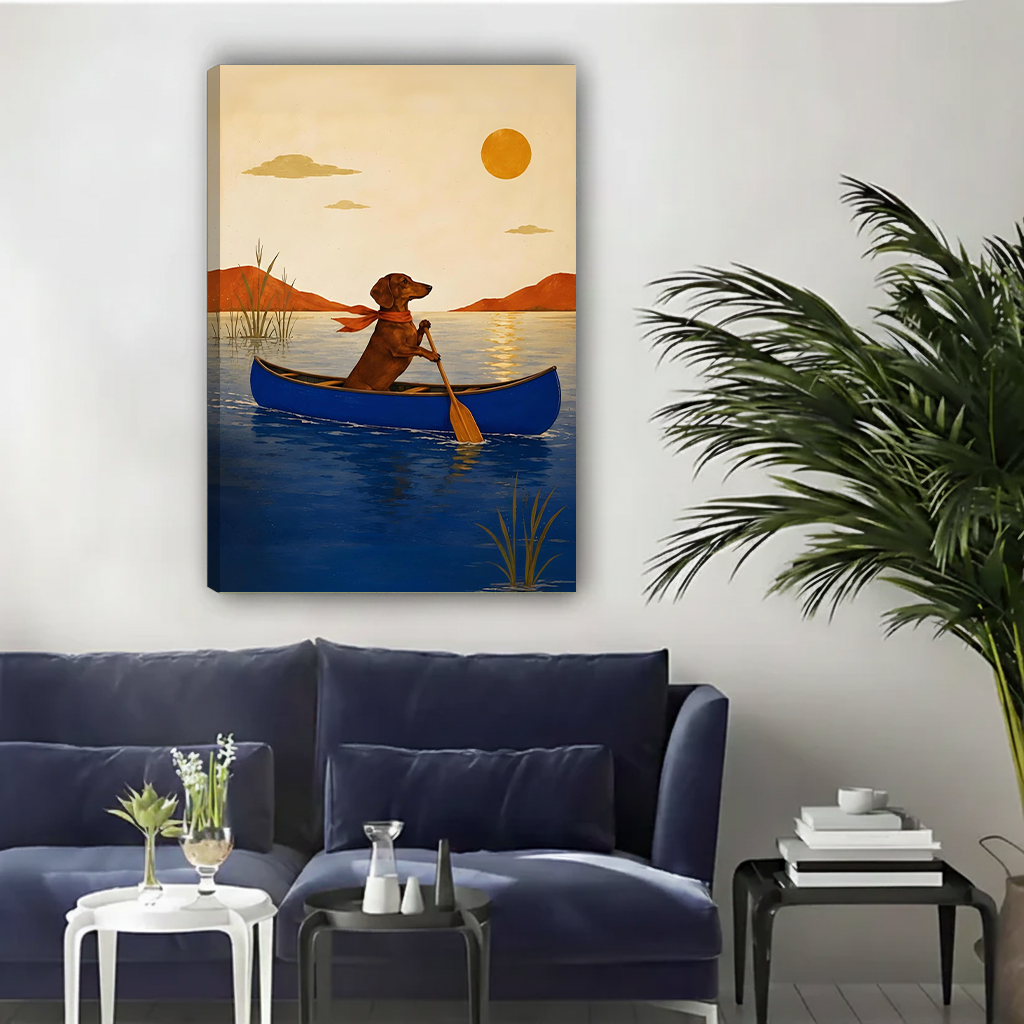 Labrador canoe sunset folk art gallery-wrap canvas art hung above a navy blue sofa without a frame in a stylish living room