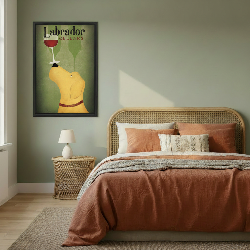 Retro Labrador Cellars yellow Lab wine poster in black frame hanging on a sage green bedroom wall above a rattan headboard with terracotta bedding