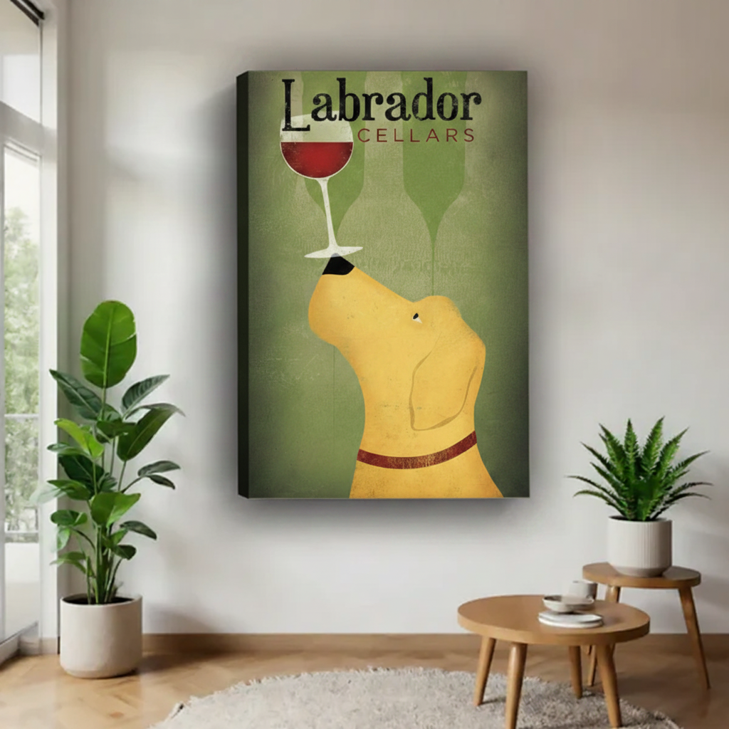 Frameless gallery-wrap canvas of Labrador Cellars retro yellow Labrador balancing a red wine glass, displayed between indoor plants on a white wall