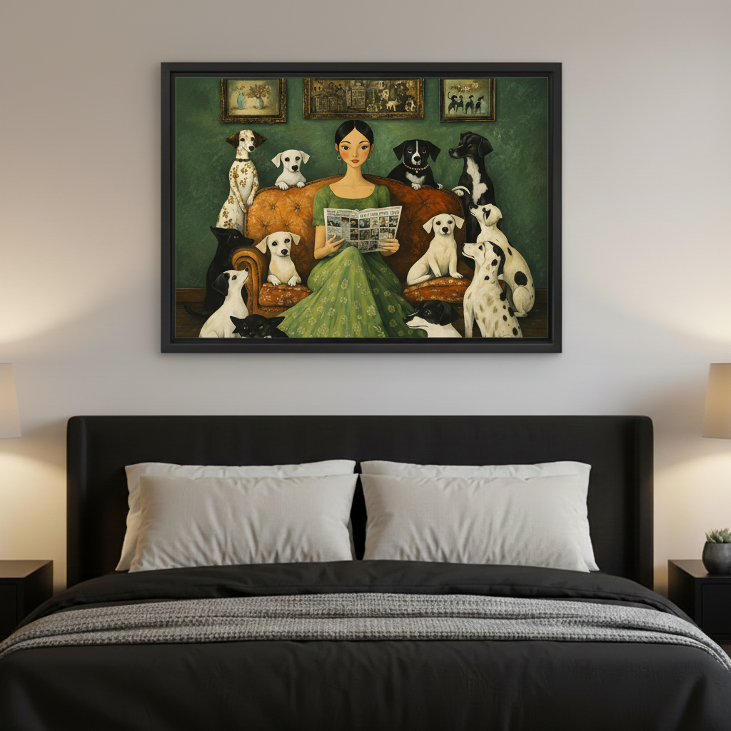 Framed canvas print of vintage folk art lady reading with dogs displayed above bed in cozy bedroom