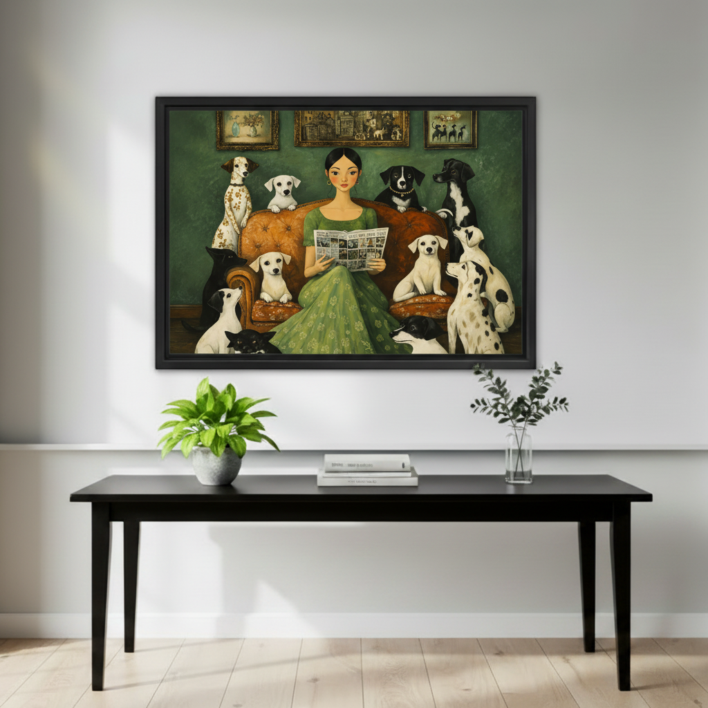 Vintage folk art framed wall art with lady and dogs hung above black entryway console, eclectic home decor