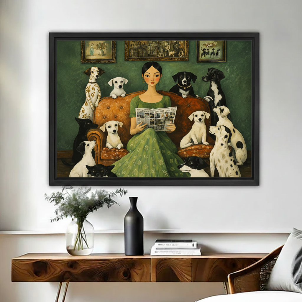 Vintage folk art framed canvas print of lady reading surrounded by dogs, hung above wooden console table