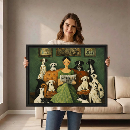 Woman holding vintage folk art framed canvas print of lady surrounded by dogs, lifestyle product photo