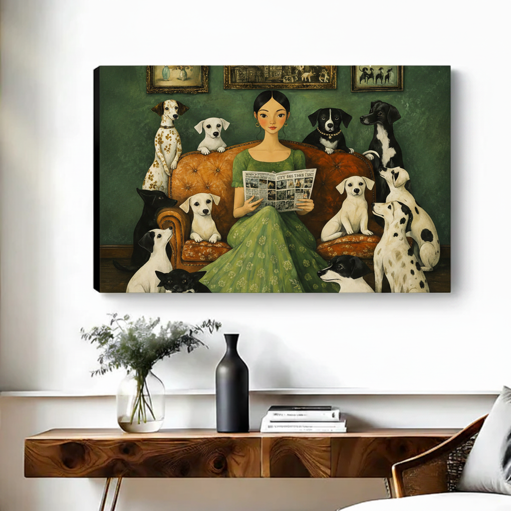 Gallery wrap canvas art featuring vintage folk art lady with dogs displayed above entryway console table