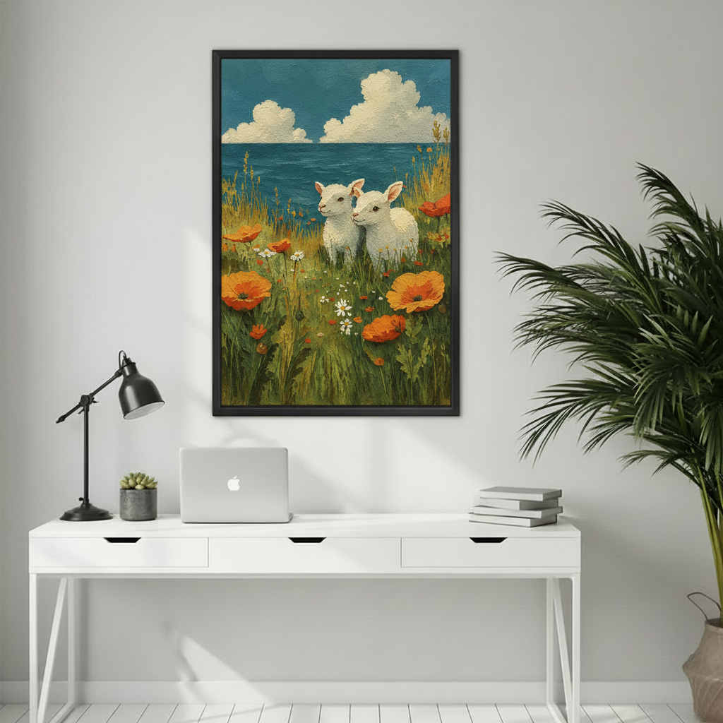 Framed lambs in wildflowers canvas wall art displayed above a bright modern home office desk.
