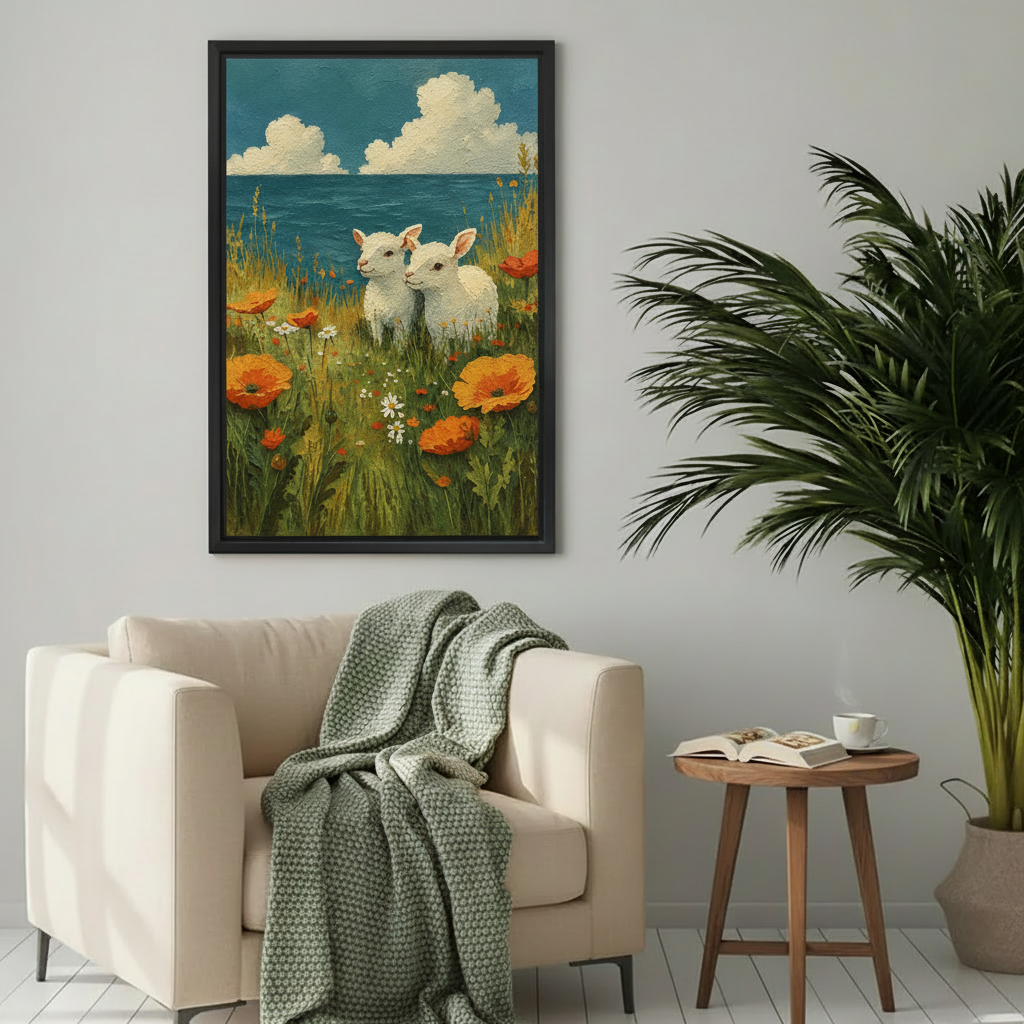  Framed lambs in wildflowers canvas wall art displayed above a cozy cream reading chair.