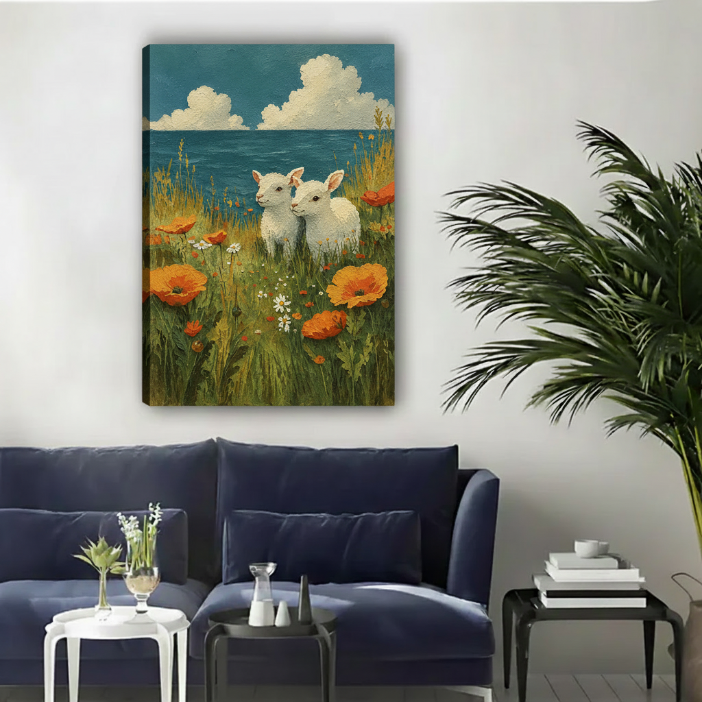 Gallery-wrap lambs in wildflowers canvas wall art displayed above a dark blue living room sofa.