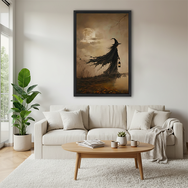 Framed lantern witch oil painting canvas wall art beside two plants and a round wood side table