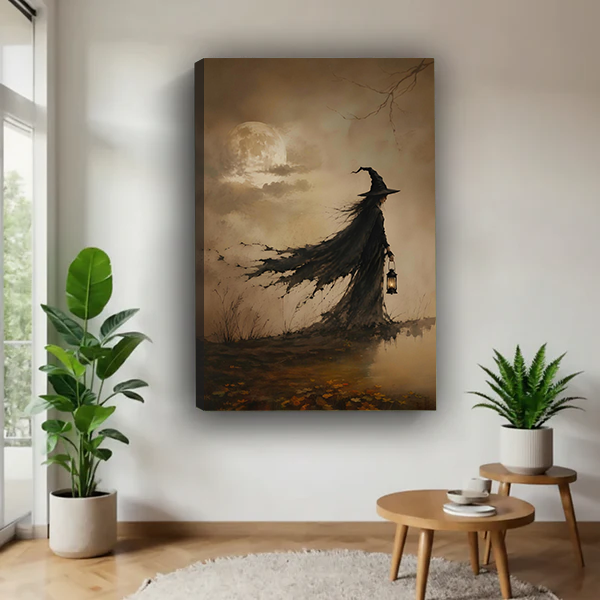 Gallery-wrap misty moor lantern witch canvas wall art on a white wall beside tall potted plants