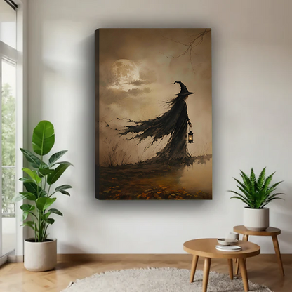 Gallery-wrap misty moor lantern witch canvas wall art on a white wall beside tall potted plants