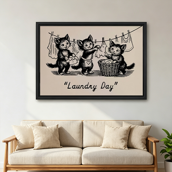 Woman holding framed Laundry Day kittens canvas wall art showing three cats beside a laundry basket and clothesline.