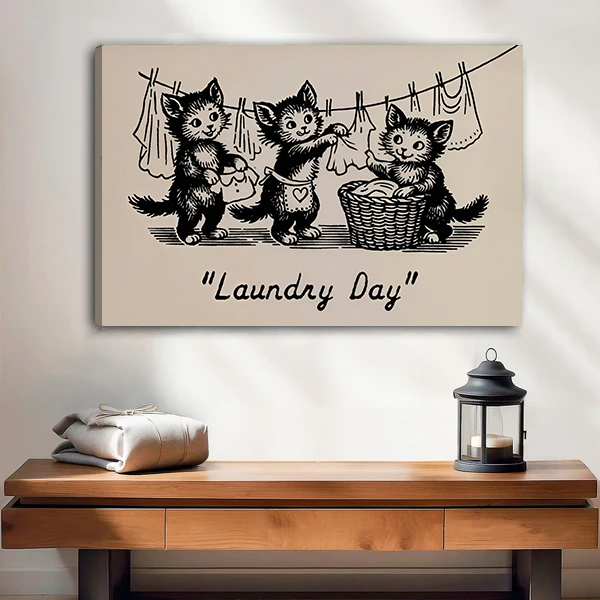 Vintage Laundry Day kittens canvas wall art in a black frame above a cream sofa with wooden armrests.