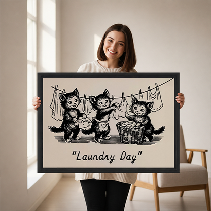 Gallery-wrap Laundry Day kittens canvas wall art featuring three cats and a clothesline above a wooden console.