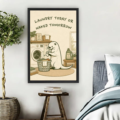 Cute seal laundry quote framed canvas print hung on bedroom wall beside rustic wooden stool