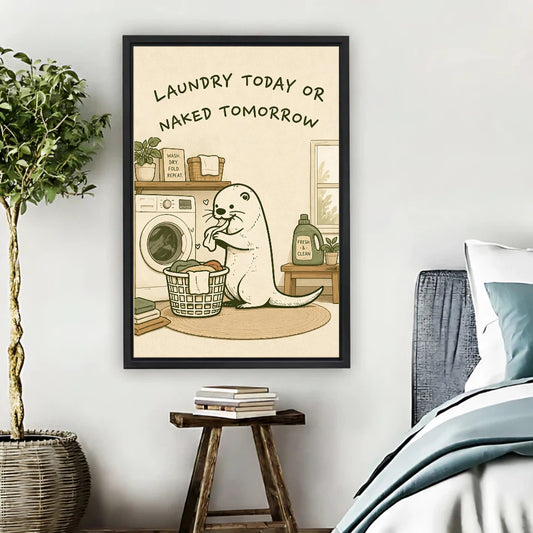 Cute seal laundry quote framed canvas print hung on bedroom wall beside rustic wooden stool