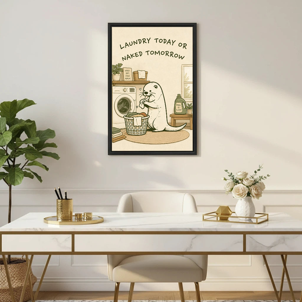 Whimsical laundry seal framed canvas wall art displayed above marble desk in modern home office