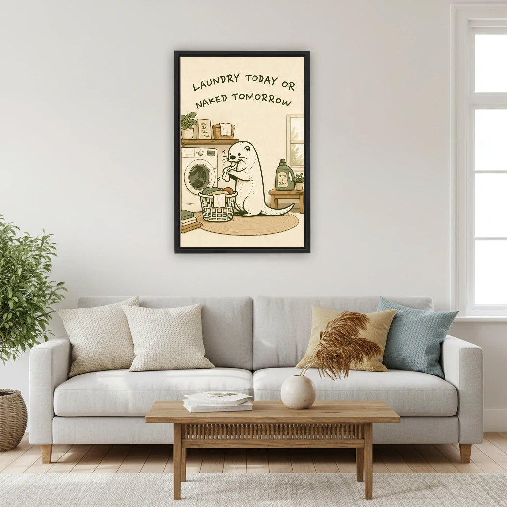 Laundry Today or Naked Tomorrow funny seal framed canvas print above sofa in Scandinavian living room