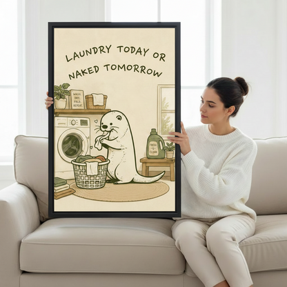 Woman holding large laundry seal framed canvas art showing size reference on white sofa