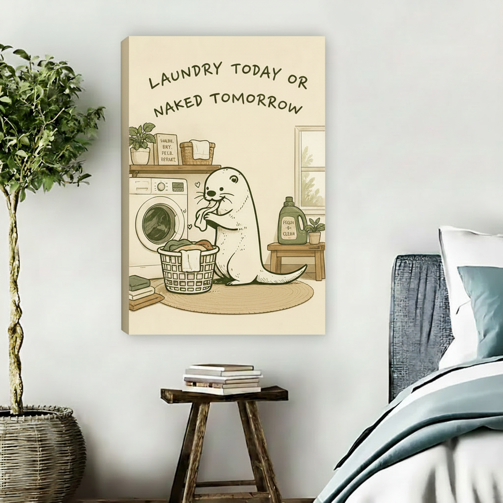 Laundry Today or Naked Tomorrow gallery wrap canvas art displayed in cozy bedroom with natural wrap finish