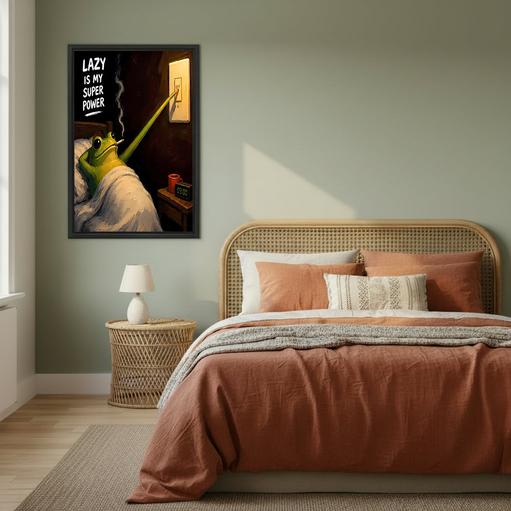Retro lazy frog canvas wall art in a sage green bedroom