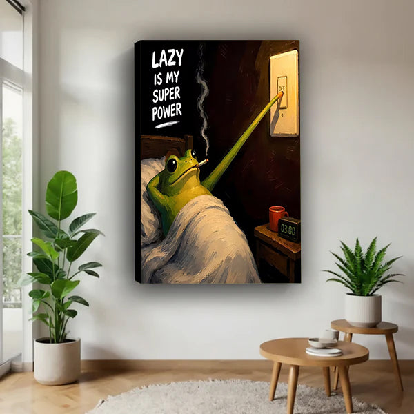 Gallery-wrap lazy frog canvas wall art in a bright plant-filled corner