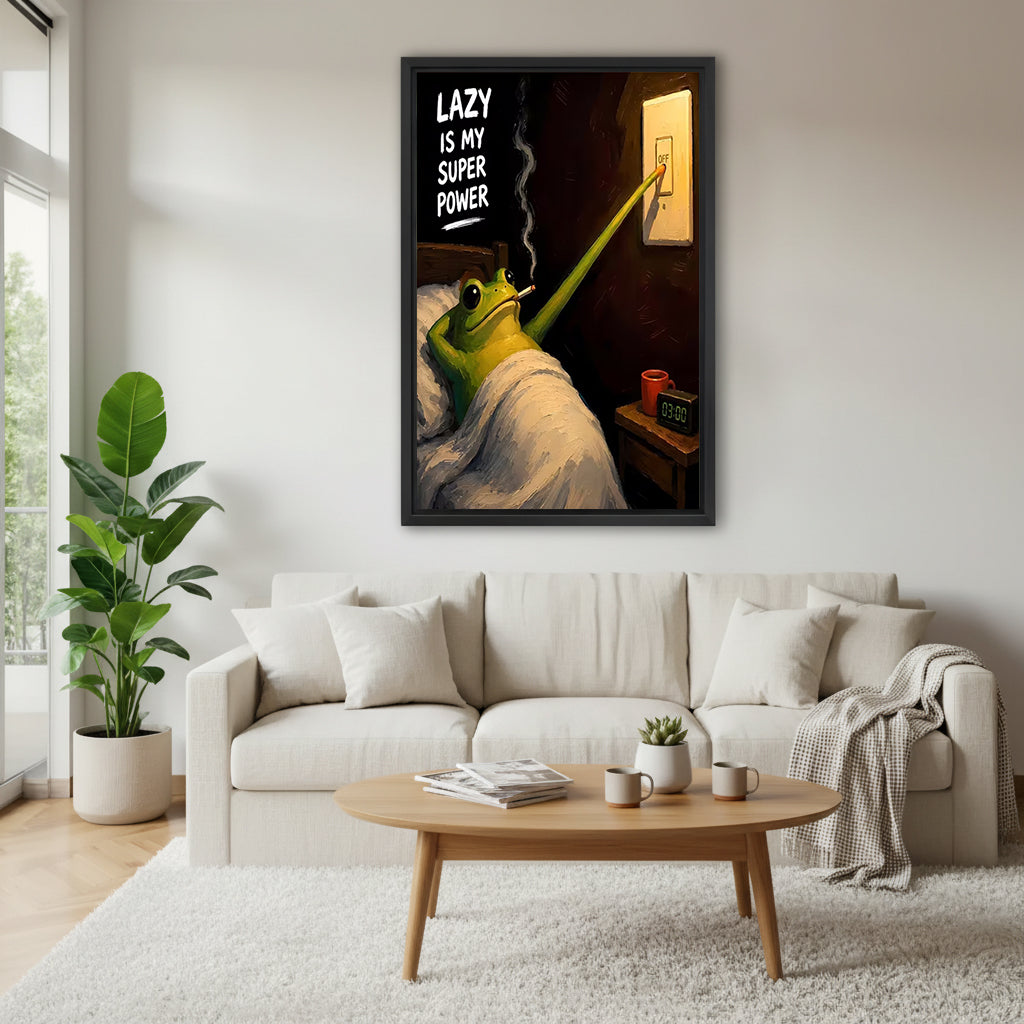 Framed lazy frog canvas wall art above a cream living room sofa