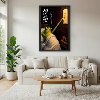 Framed lazy frog canvas wall art above a cream living room sofa