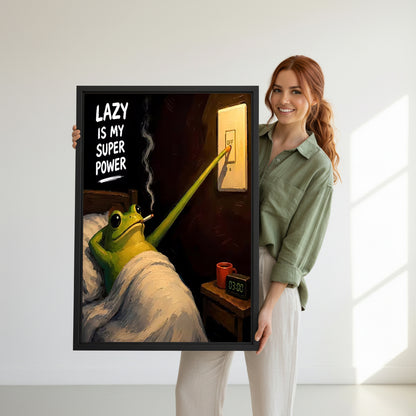 Model holding framed lazy frog canvas wall art for size reference