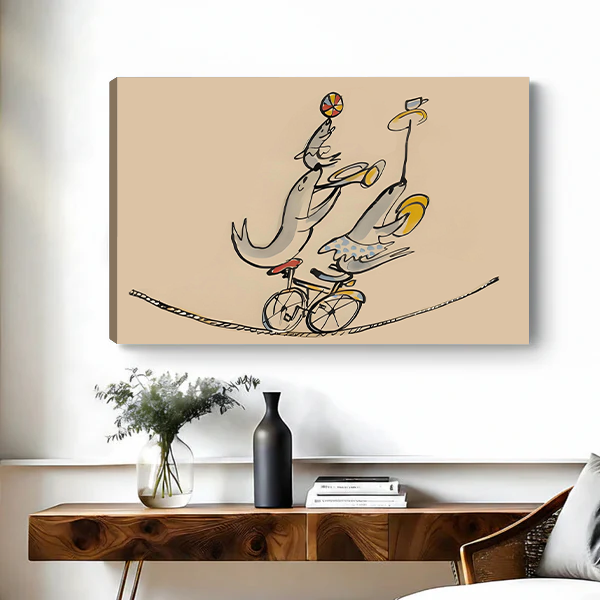 Whimsical circus fish gallery wrap canvas wall art above wooden console, frameless wrap edge, three fish on bicycle tightrope, sand tone background