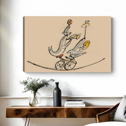 Whimsical circus fish gallery wrap canvas wall art above wooden console, frameless wrap edge, three fish on bicycle tightrope, sand tone background