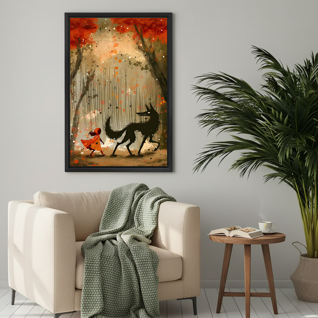Gallery-wrap Little Red Riding Hood and wolf canvas wall art displayed above a navy sofa.
