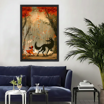Framed Little Red Riding Hood canvas wall art with black wolf above a white home office desk.