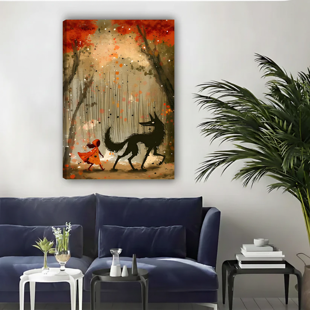 Framed Little Red Riding Hood and wolf canvas wall art displayed above a navy living room sofa.