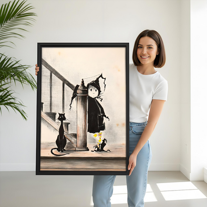 Woman holding large framed little witch and black cat canvas wall art showing size reference, parchment background
