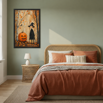 Little witch pumpkin canvas wall art displayed above a rattan bed in a cozy autumn bedroom