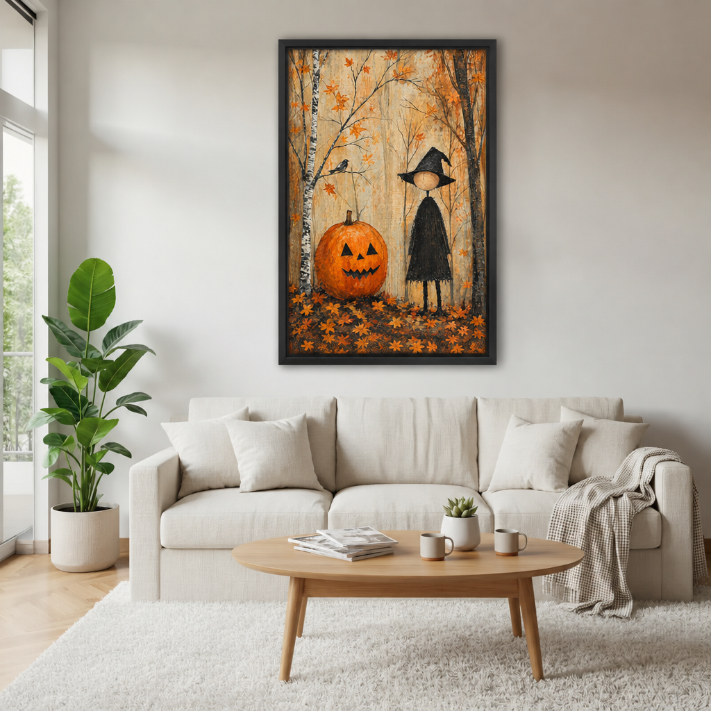 Little witch pumpkin canvas wall art in a black frame displayed above a white living room sofa