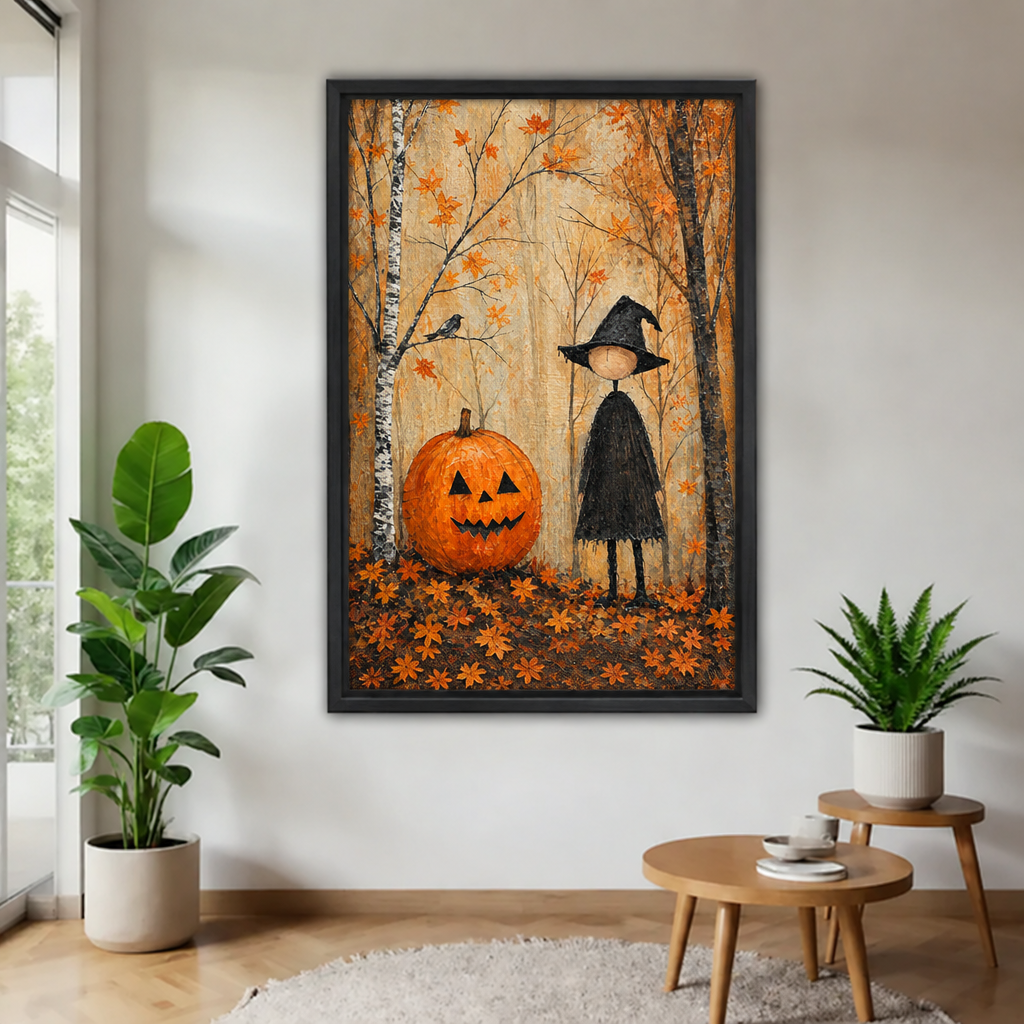 Framed little witch pumpkin canvas wall art displayed in a bright living room with green plants