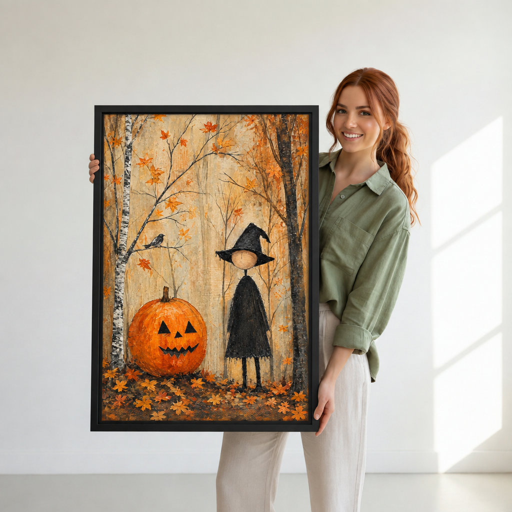 Woman holding large framed little witch pumpkin canvas wall art with an autumn forest scene