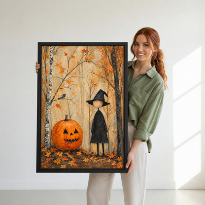 Woman holding large framed little witch pumpkin canvas wall art with an autumn forest scene