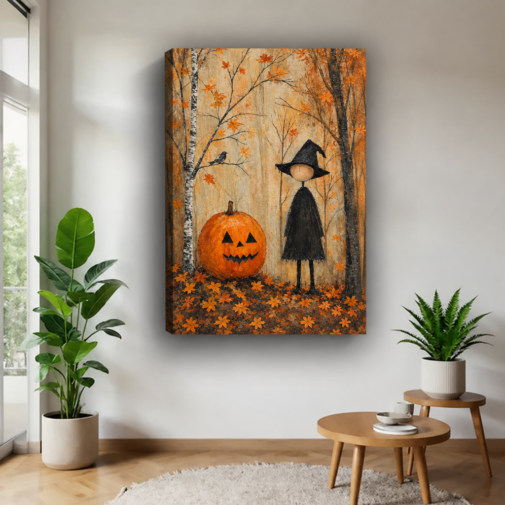 Gallery-wrap little witch pumpkin canvas wall art featuring an autumn forest and jack-o-lantern