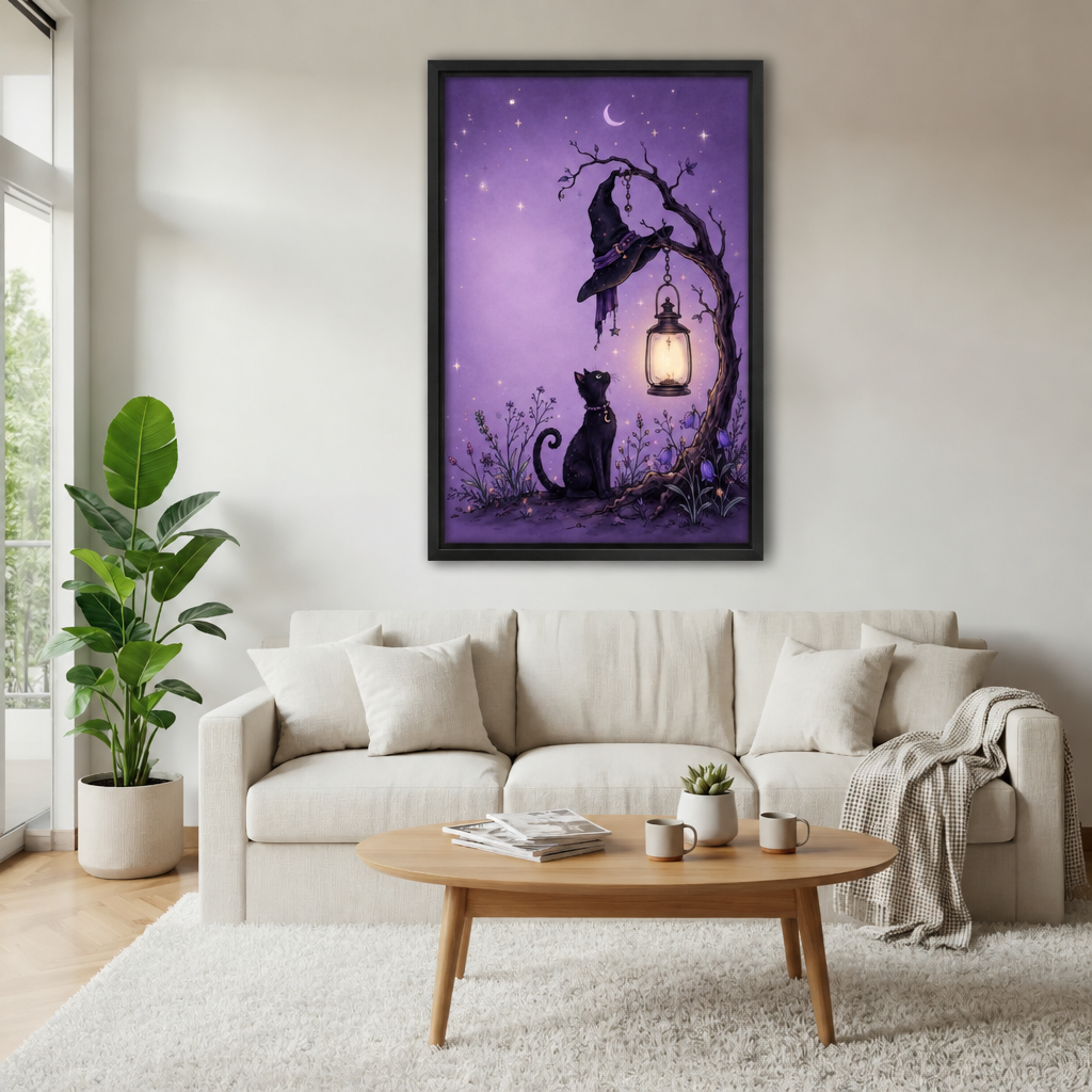 Black cat and witch hat canvas wall art brightens a living room with its purple sky and glowing lantern