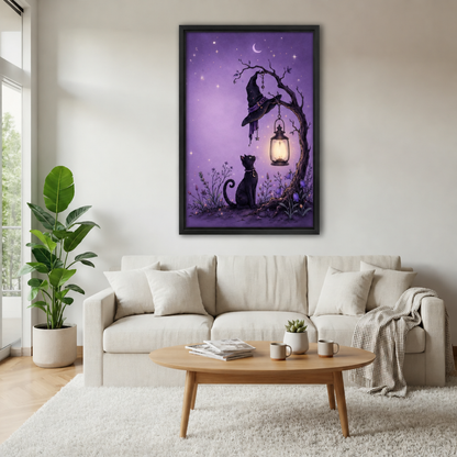 Black cat and witch hat canvas wall art brightens a living room with its purple sky and glowing lantern