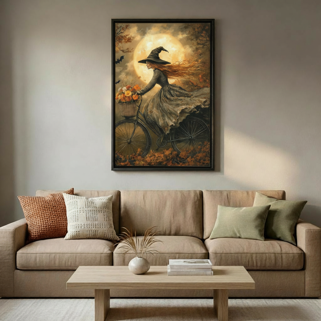 Witch bicycle wall art hanging above a neutral sofa in a cozy living room
