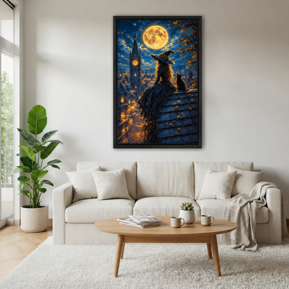 Witch and black cat canvas wall art hangs above a sofa, showing a golden moon over a glowing city.