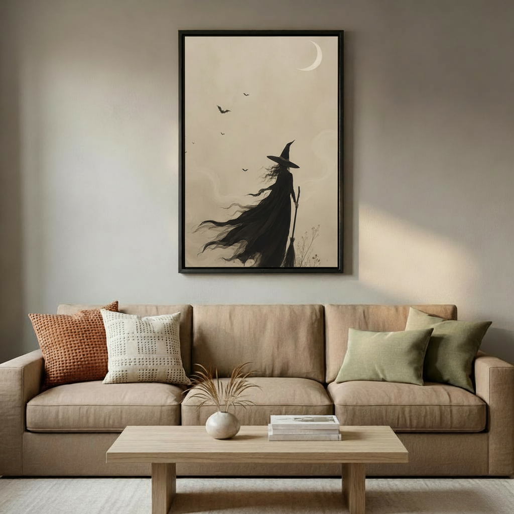 Witch silhouette wall art hanging above a neutral sofa in a cozy living room