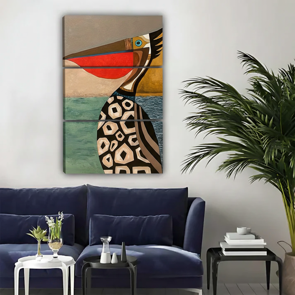 Living room with bird triptych using original artwork