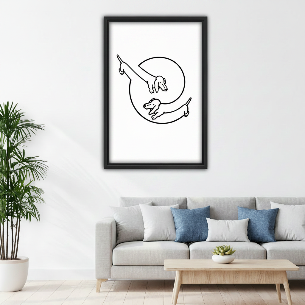 Black framed dachshund minimalist line art canvas above white sofa in clean modern living room with palm plant