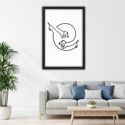 Black framed dachshund minimalist line art canvas above white sofa in clean modern living room with palm plant