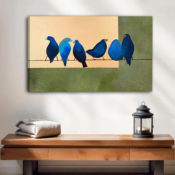 Blue Birds on a Wire Canvas Art Print - Contemporary Geometric Bird Decor for Entryway