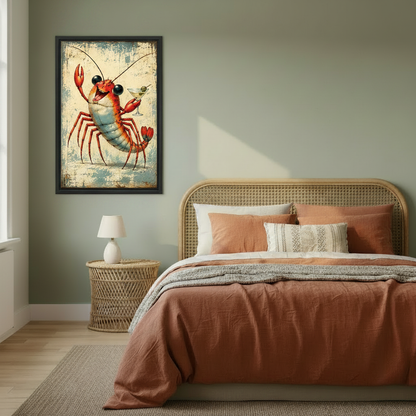 Lobster cocktail canvas wall art displayed above a bed in a cozy terracotta bedroom.